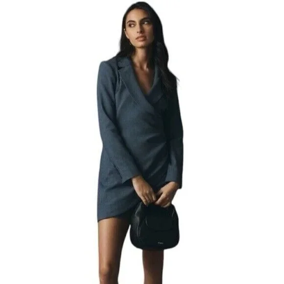 ANTHROPOLOGIE Long Sleeve V Neck Blazer Mini Dress Navy Size 16 NEW